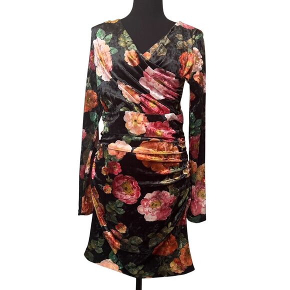 Guess Floral Tess Velvet Mini Dress Size M Wrap Front Zip‎ Ruched Sides Body Con - Picture 1 of 12
